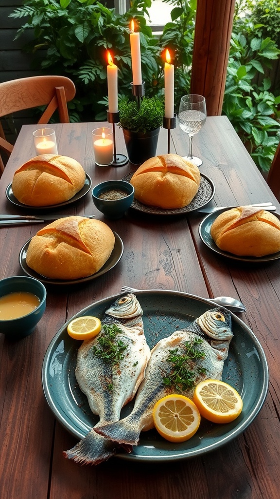5 loaves of bread and 2 cooked fish garnished with lemons and herbs on a rustic wooden table.